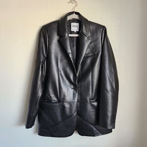 Zara Black Faux Leather Blazer with Notched Lapel and Front Pockets - Size XS